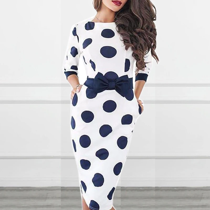 В деловом стиле с бантом Элегантное платье в горошек леди осеннее женское