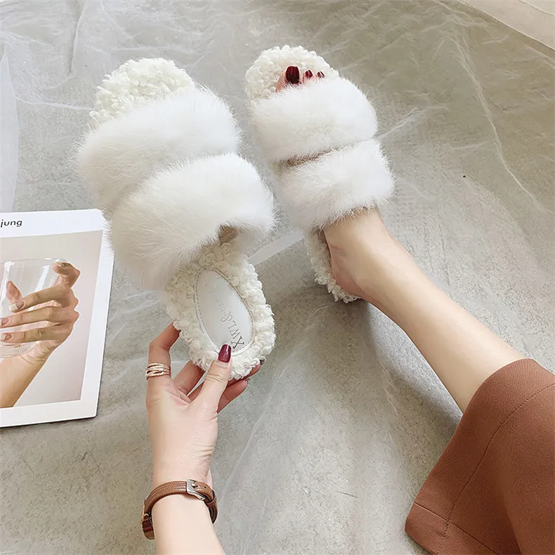 white1 Белые меховые тапочки; зимние плюшевые женские тапочки; удобные домашние тапочки; домашние тапочки высокого качества - Цвет: white1