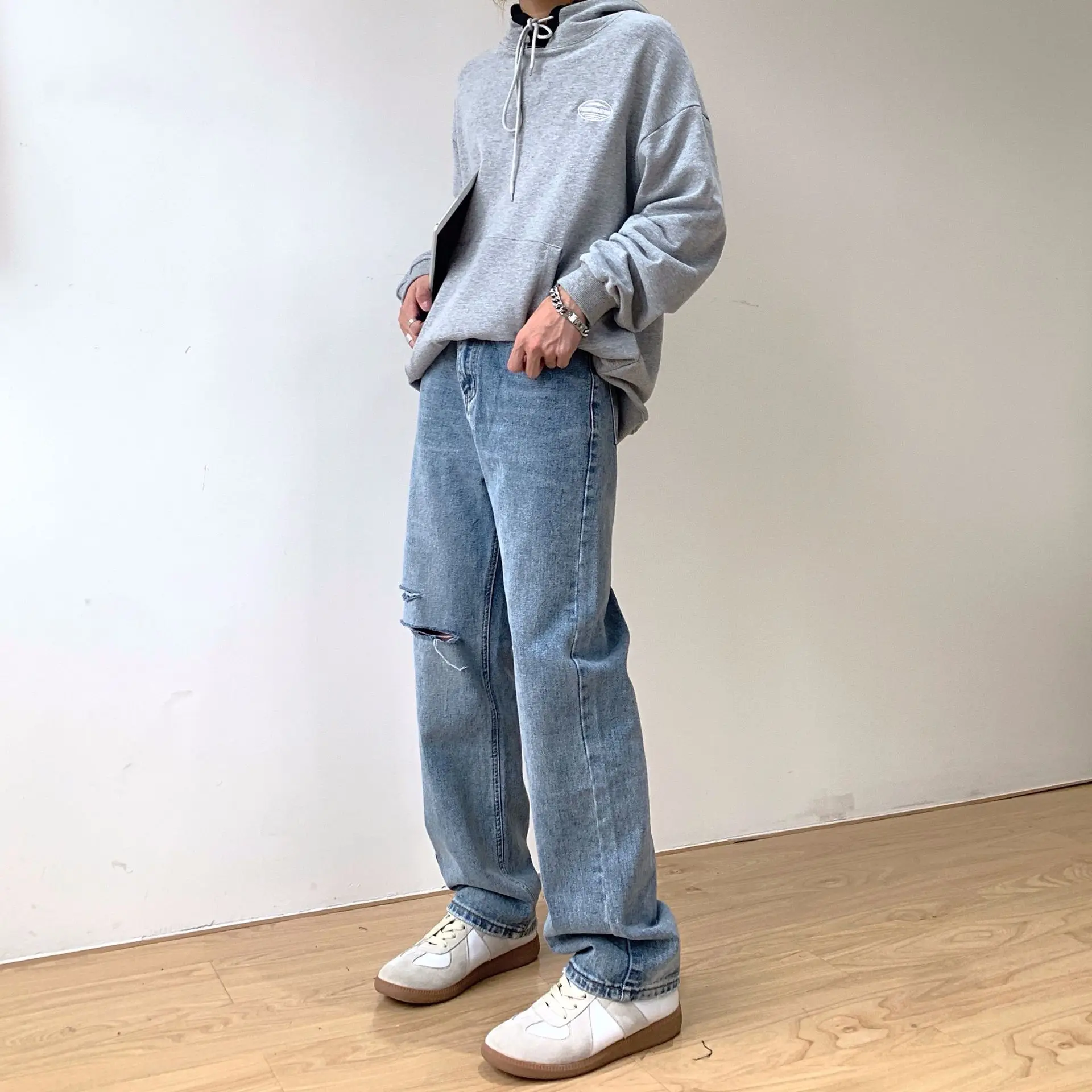 High Quality Cut Denim Men's Ripped Baggy Jeans Korean Style Straight Loose Dad Ripped Trousers Holes Cotton Male Denim Jeans