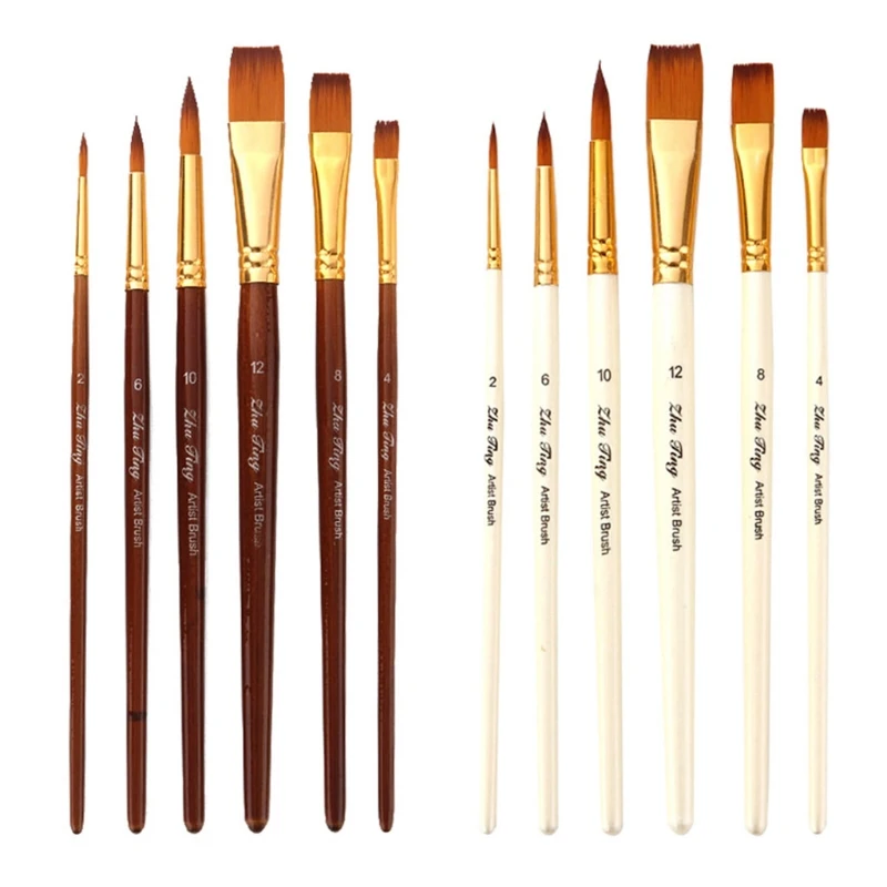 

6 Pcs/Set Watercolor Oil Acrylic Artist Paint Brushes Short Rod Nylon Hair Painting Brush Pen Wooden Handle Art Supplies