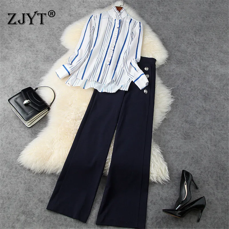 

2021 Spring Women Elegant Ruffled Striped Shirt and High Waist Wide Leg Pants Suit Office Business 2 Piece Outfits Elegant Lady