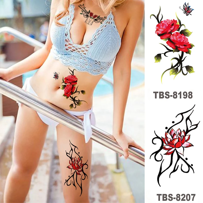 

Temporary Beautiful Tattoo Stickers Purple Rose Red Rose Butterfly Skull Men And Women Art Fashion Tattoo