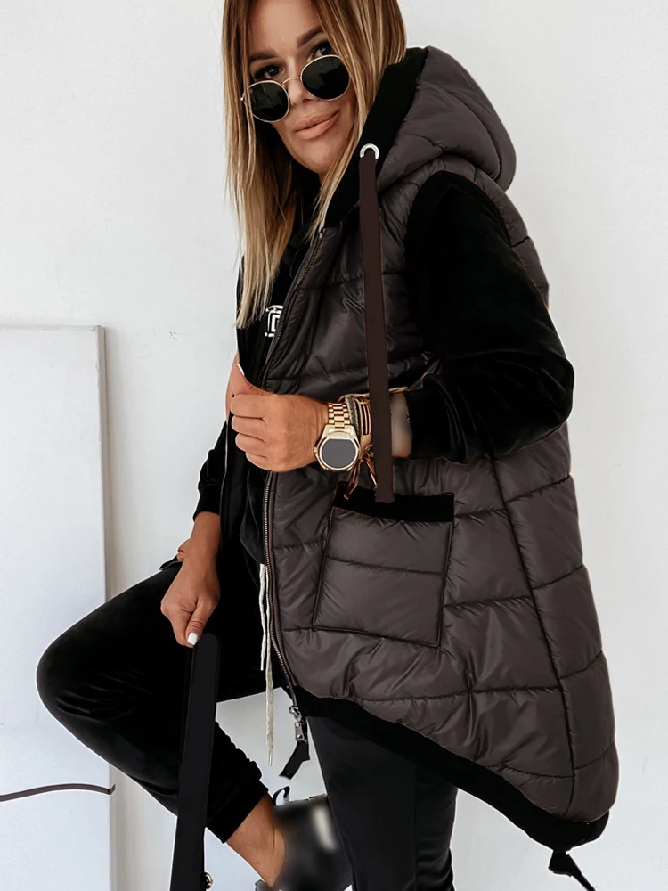 Sleeveless Jacket Women Casuald Hooded Coat Fashion Casual Autumn Winter Waistcoat Vest Zip Up Cotton Padded Quilted Jackets
