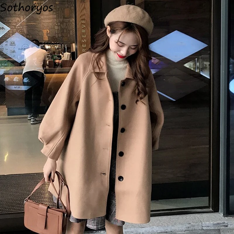 

College Preppy Wool Women Blends PopularLong Puff Sleeve Solid Elegant Warm Woolen Coat Students Winter Ins Classy Slouchy New