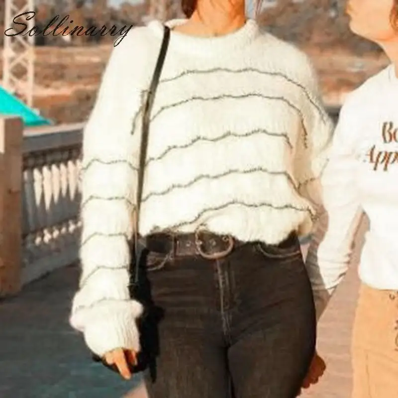 Sollinarry Oversize Women Casual Sweater Pullovers Fashion Long Sleeve White Layered Sweaters Jumper Winter Female knitted Fall | Женская