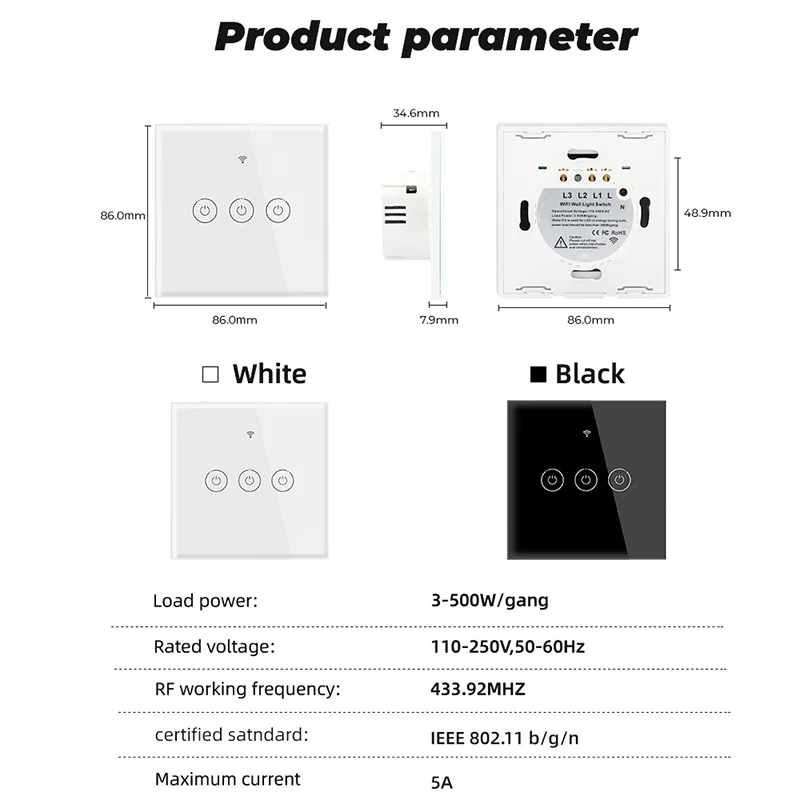 

Tuya Smart Life LED Switch WiFi Smart Light Touch Switch 1/2/3Gang Dimming Compatible Alexa Google Home Dimmable 110V 250V EU