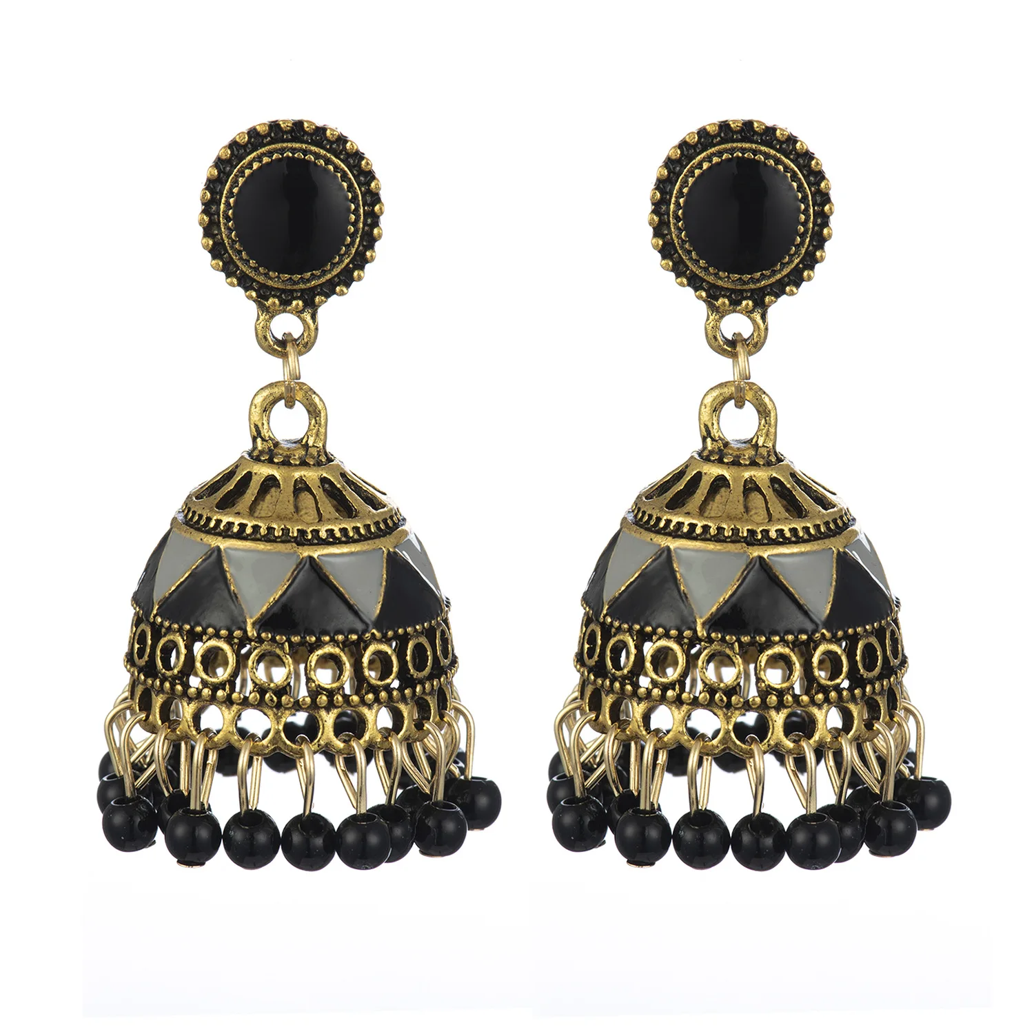 Vintage Colorful Beads Tassel Indian Jhumka Earrings For Women Ethnic Boho Gold Alloy Bollywood Oxidized Bell Dangle | Украшения и