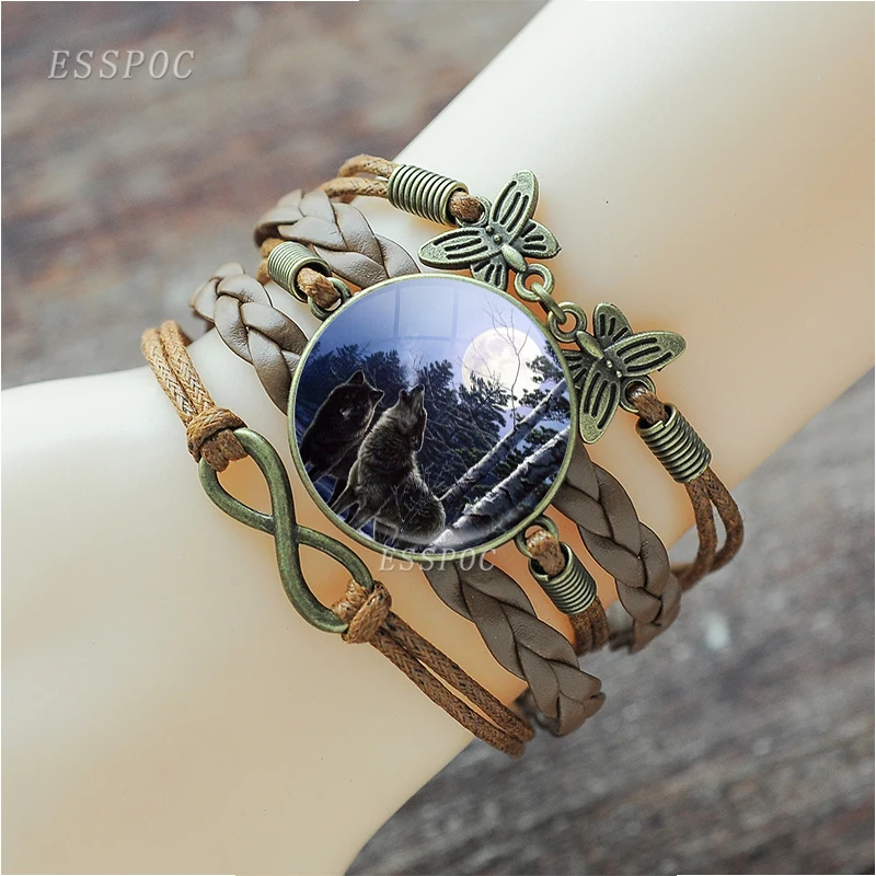 Воющий волк браслеты для женщин Мода Волк и луна ночь стекло бусина кабошон