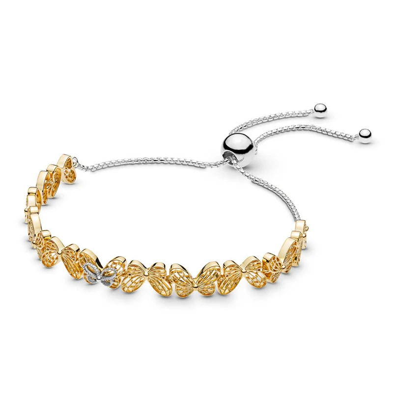 

2019 New 100% 925 Sterling Silver Openwork Butterflies Sliding Bracelet Shine Gold Clear CZ For Women Fashion DIY Jewelry Gift