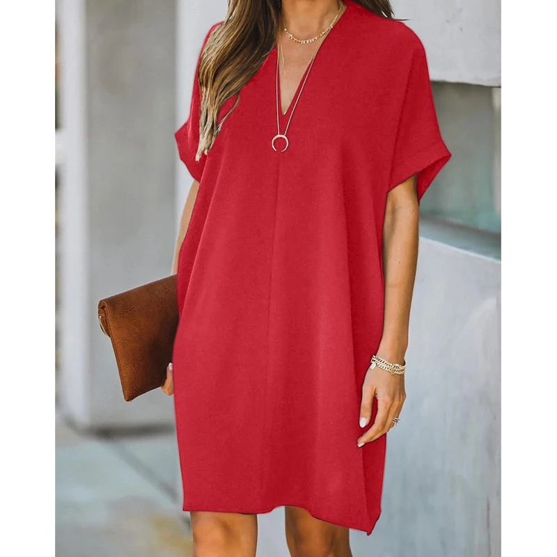 

Casual V-Neck Y2K Dress Summer Loose Mini Dress Women Streetwear Sundress Short Sleeve Solid Color Fashion Elegant Sexy Clothing