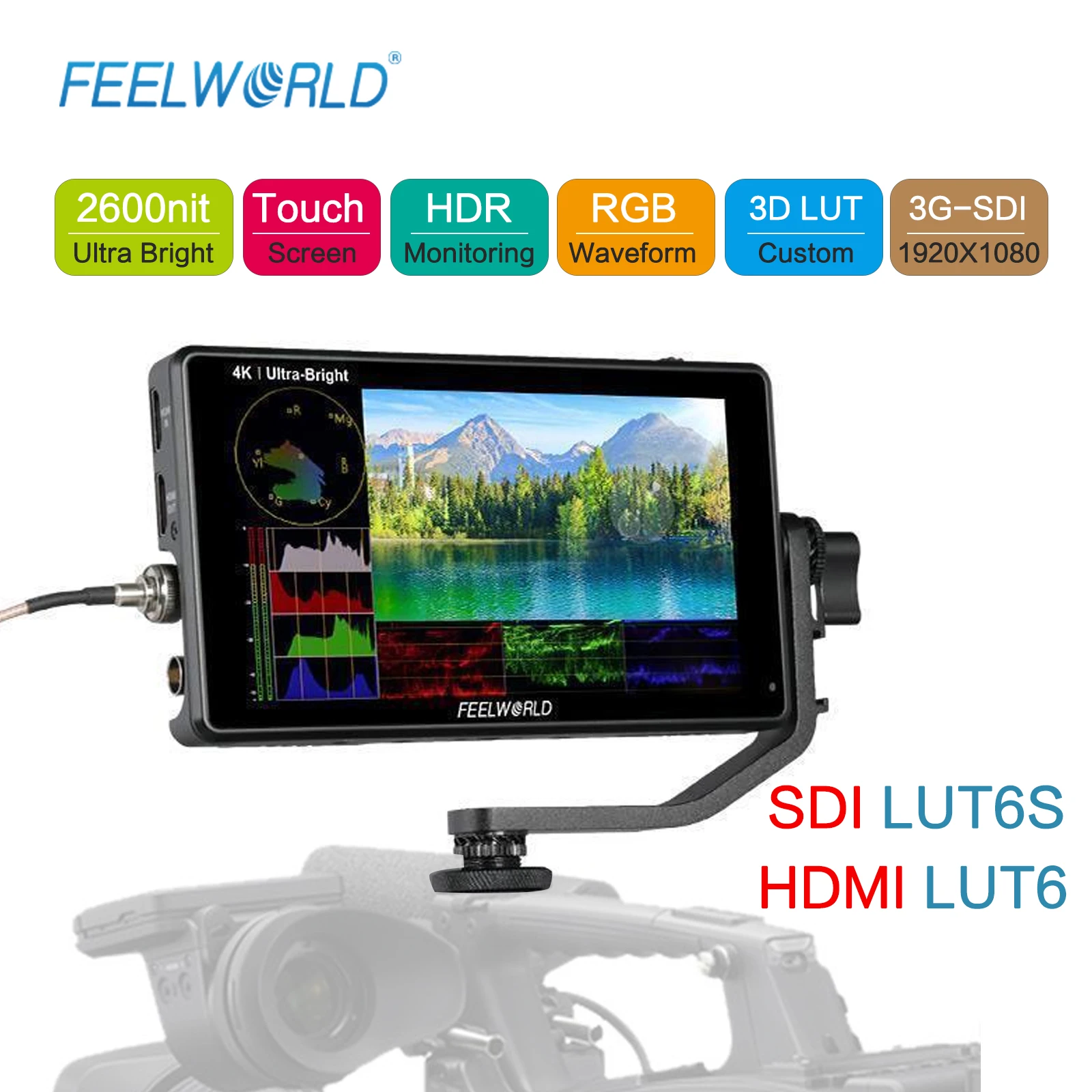 

FEELWORLD Touch Screen Field Monitor LUT6 LUT6S 6 Inch Camera Field Monitor 2600nits HDR/3D LUT 3G-SDI 4K HDMI DSLR Wave