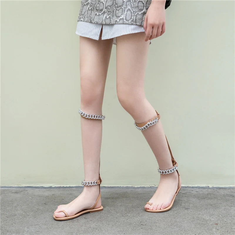 

Drestrive New Arrival 2021 Summer Fashion Women Sandals Round Toe Flats Chain Cow Leather Black Size 42 Low Heels Flip Flop