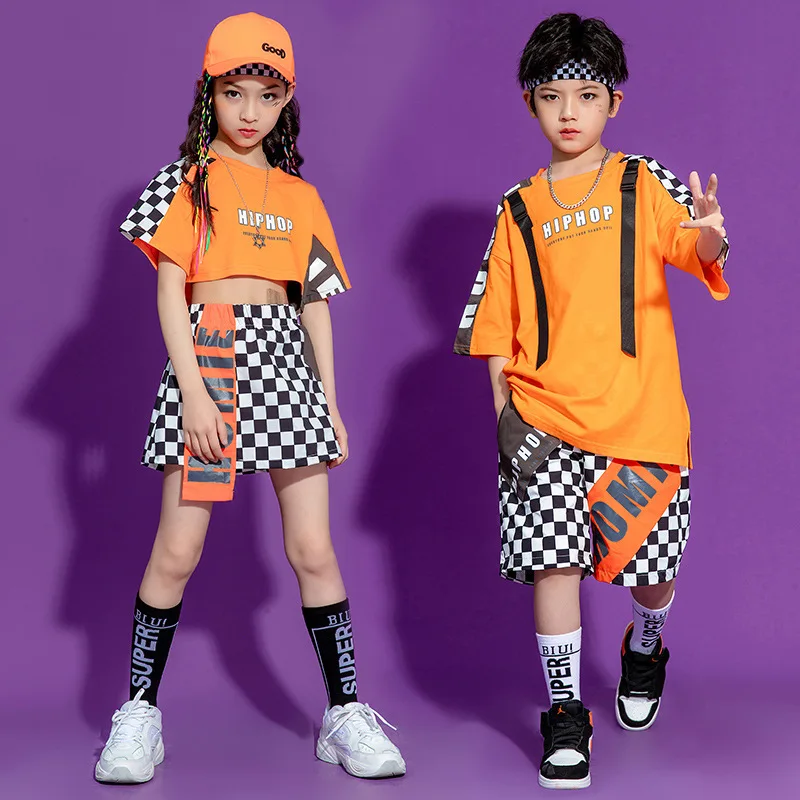 

Street Dance Suit Boy Hip Hop Loose Houndstooth Orange Costumes Summer Dance Costume Festival Clothing Sports Jazz Costume
