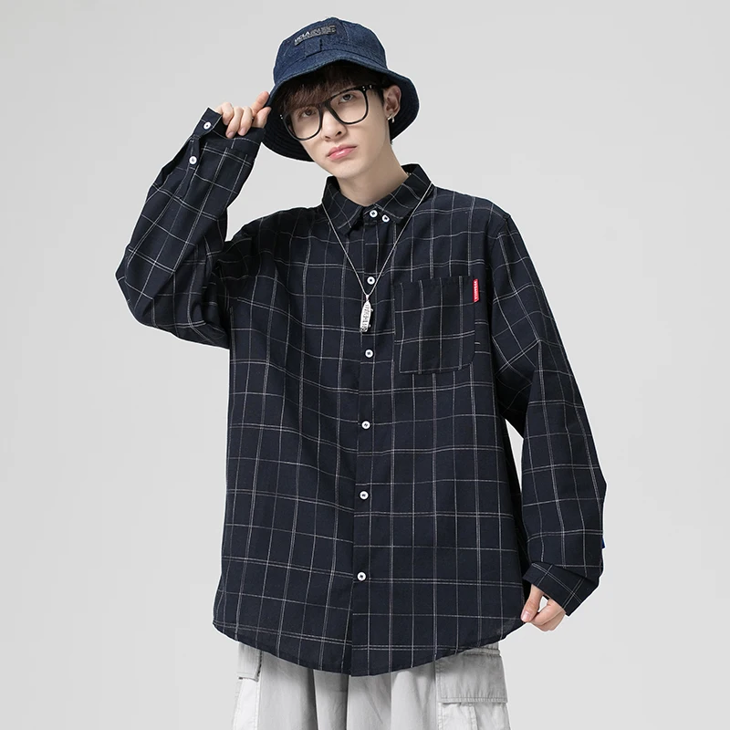 

Мужские рубашки и рубашки в клетку с длинным рукавом для мужчин, корейская модная одежда, большие размеры, блуза на пуговицах, верхняя одежд...