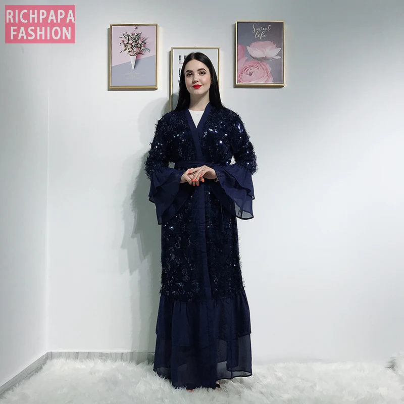Кимоно с пайетками открытые абаи Дубай кафтан ислам мусульманский хиджаб платье