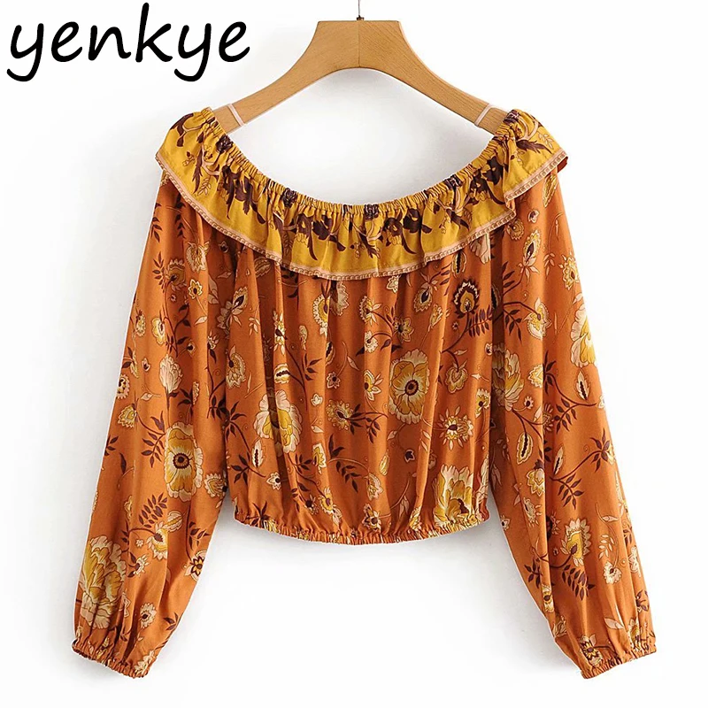 Винтажный цветочный принт сексуальный топ с открытыми плечами женский вырезом