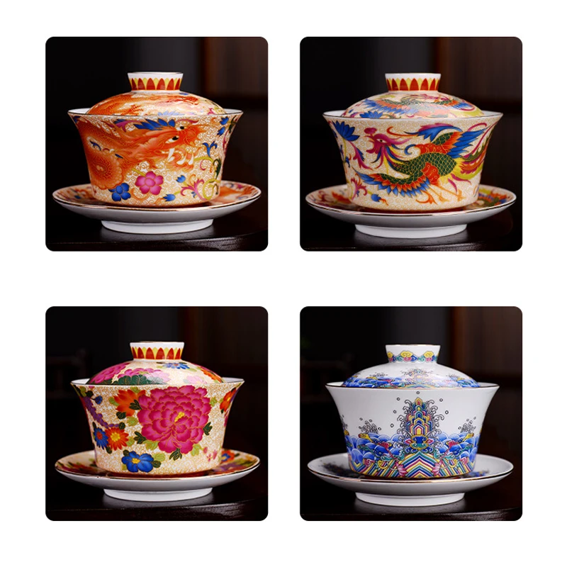 

New Ceramic Phoenix Gaiwan Unique Tea Set for Milk Oolong Tea Bone China Cover Bowl Dragon Auspicious Tea Tureen Office Decor