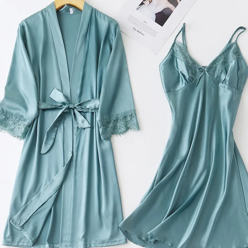 

Комплект свадебного халата из 2 предметов, кимоно, халат, женский ночной халат и халат, одежда для сна, атласная сексуальная ночная рубашка, о...