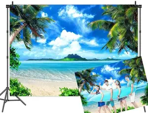 Happy Birthday Beach Backdrop Custom Luau Party Palm Sea Decoration Cloud Photography Backgrounds Photocall Banner