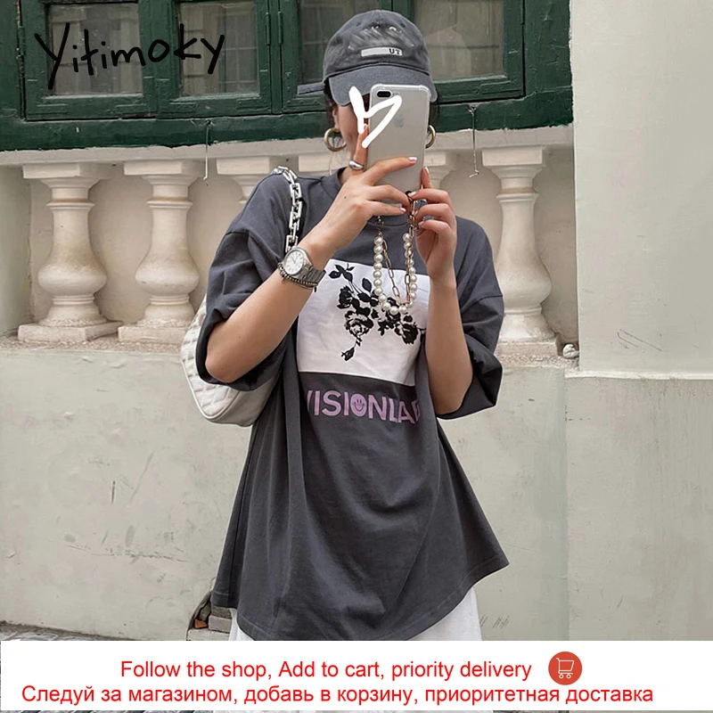 

Yitimoky Simple Short Sleeve Woman Tops Cotton 2021 Summer Fashion Korean New O-Neck Plus Size Printing Graphic Harajuku Tshirt