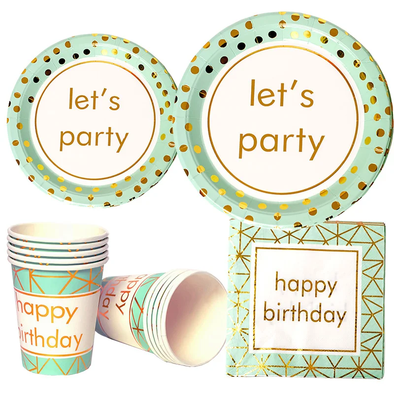 Принадлежности для дня рождения одноразовая посуда зеленые золотые тарелки