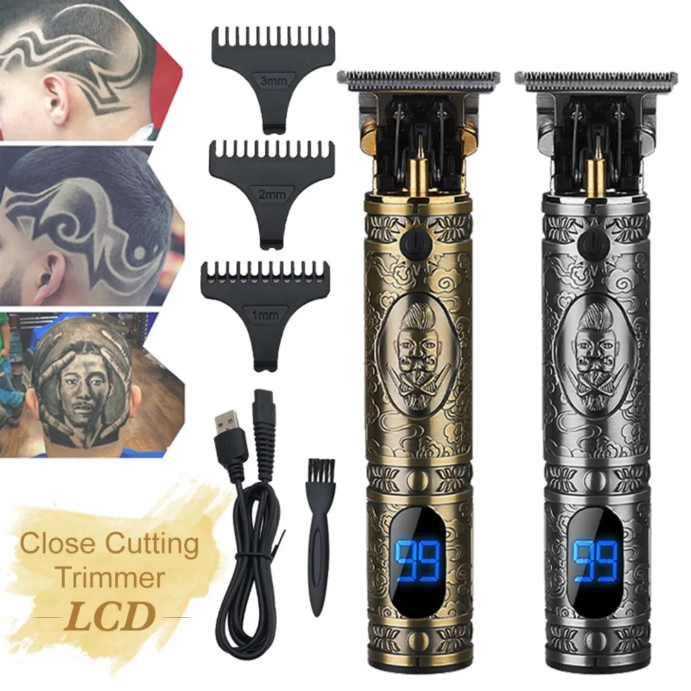

Cordless Retro Hair Clipper Rechargeable Outliner with LCD Close Cutting Hair Grooming Kit with 3 Guide Comb