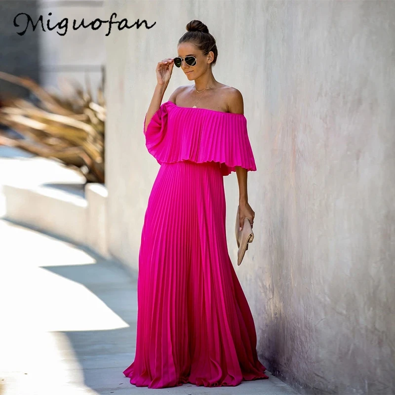 Rose red Miguofan шифоновые летние платья с открытыми плечами, женское Плиссированное длинное платье с оборками, розовое элегантное свободное праздничное пляжное платье для женщин - Цвет: Rose red
