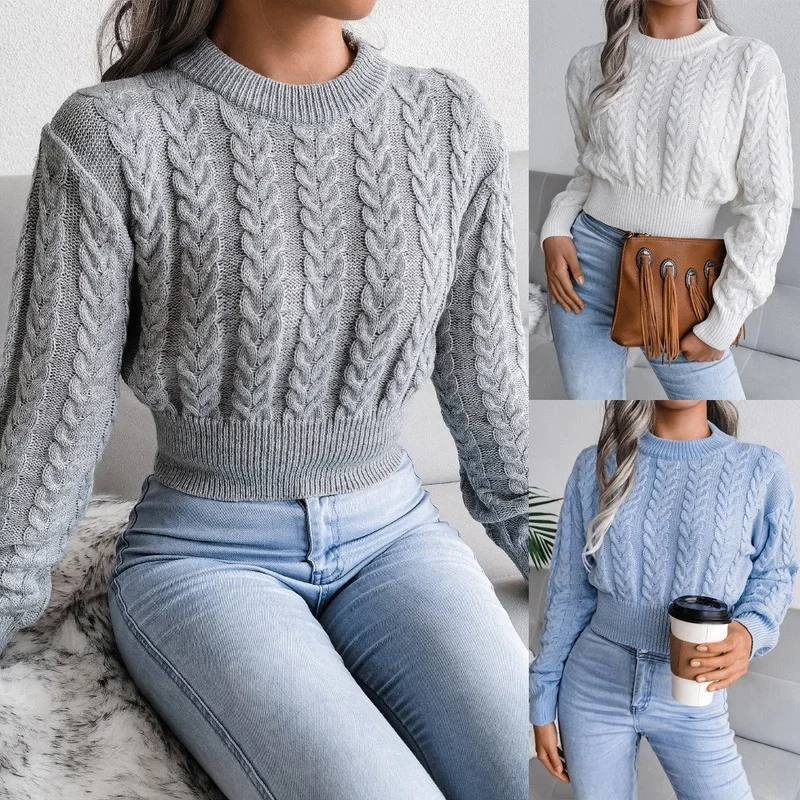 

Vintage Knitted Crop Sweater Autumn and Winter Pullover Women Sweater O Neck Twist Navel Casual Long Sleeve Top Pull Femme 18132
