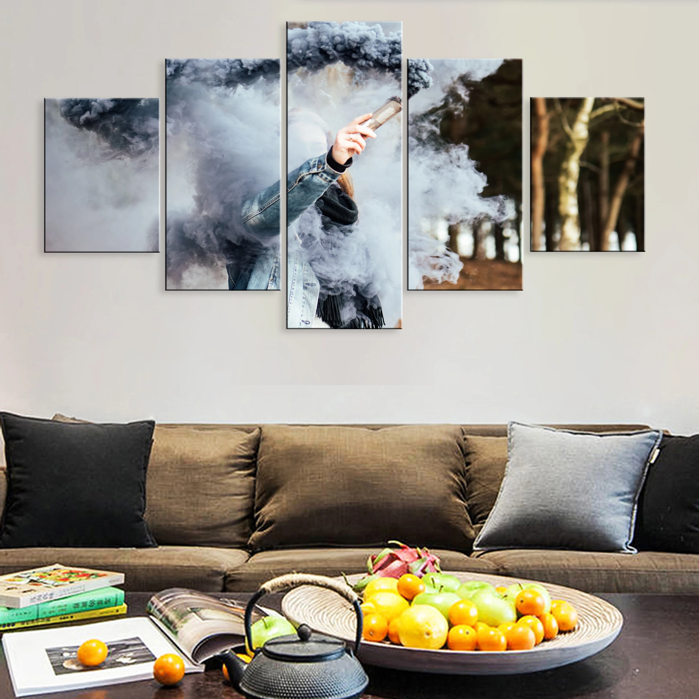 

Hd Printed Modern 5 Pieces Art Modular Poster Painting Canvas Decor Framework People With Colored Smoke Bombs