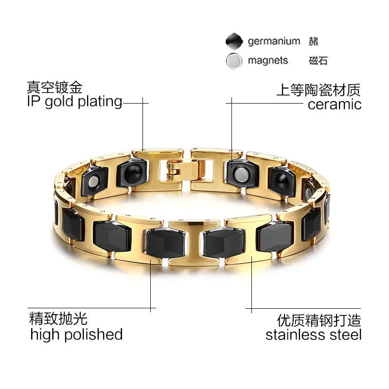 Мужской позолоченный черный мощный браслет с магнитами в стиле панк здоровый из
