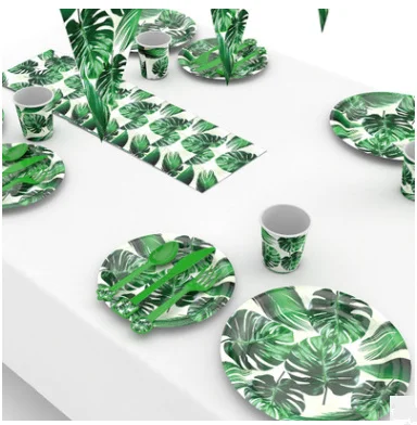 Набор одноразовой посуды для вечеринки Зеленые пальмовые листья бумажная