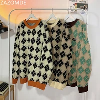zazomde 2021 new plaid sweaters men black patchwork pullover long sleeves autumn winter pullover knitted o neck couple sweater