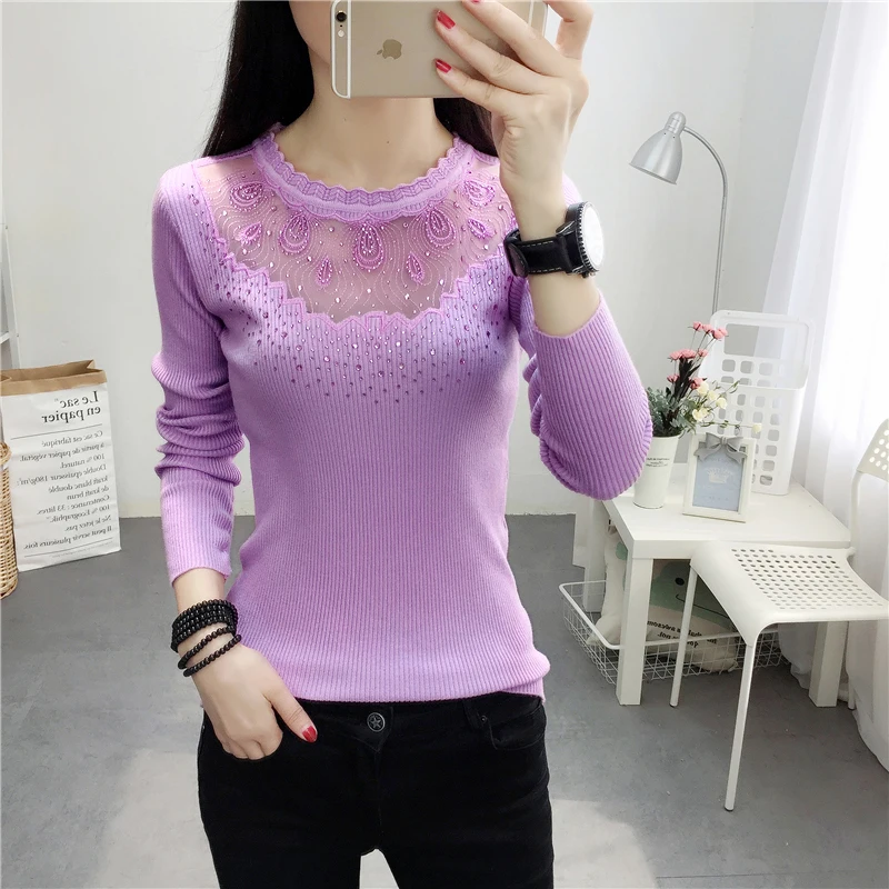 Женский кружевной облегающий пуловер Белый эластичный джемпер с круглым вырезом