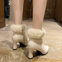 winter fur shoes women boots heel short leather womans black ankle boots new 7 cm high heel boots sexy pointed party dress boots