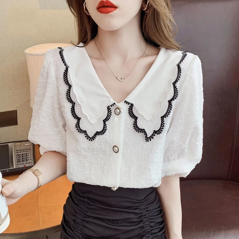 

Doll collar lace stitching chiffon shirt women's short-sleeved summer new style puff sleeve foreign temperament top tide