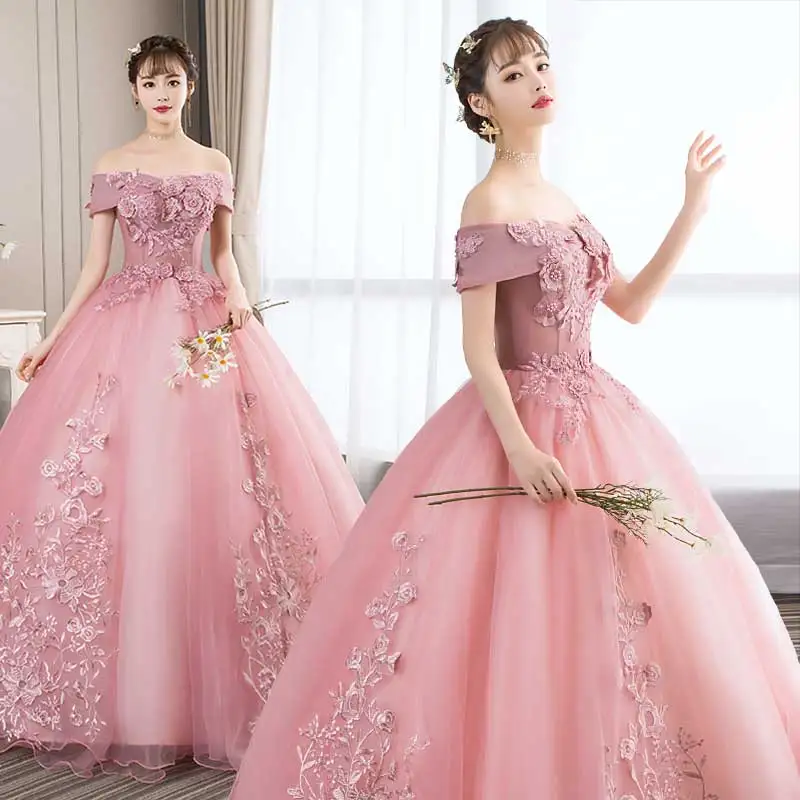 Женское платье принцессы с открытыми плечами женское розовое аппликацией милое