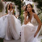 Кружевное свадебное платье-трапеция, винтажное платье с аппликацией из тюля и шлейфом, 2021