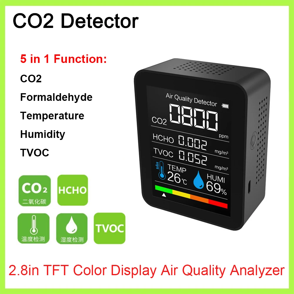 

5 in1 CO2 Detector Meter Digital Temperature Humidity Tester Carbon Dioxide TVOC HCHO CO2 Multifunctional Air Quality Monitor