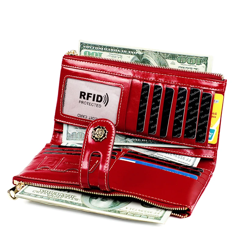 Женский RFID блокирующий кошелек из натуральной кожи на молнии клатч размера плюс