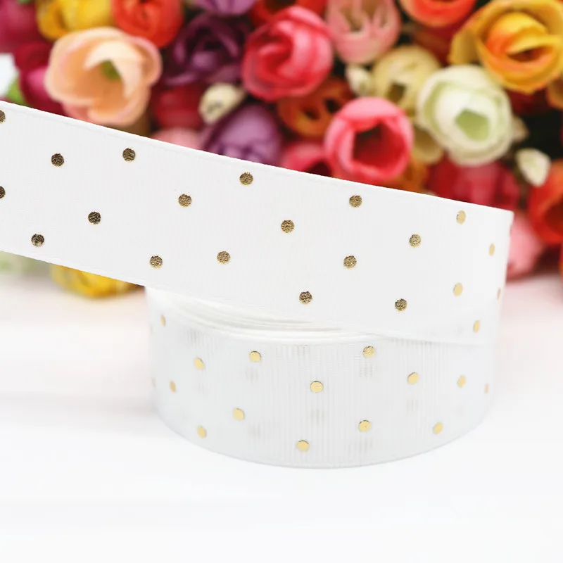 029 White 10 ярдов " 25 мм золотистый в горошек напечатанный Grosgrain ленты пробки для бутылок DIY ремесла аксессуары ручной работы M19080601 - Цвет: 029 White