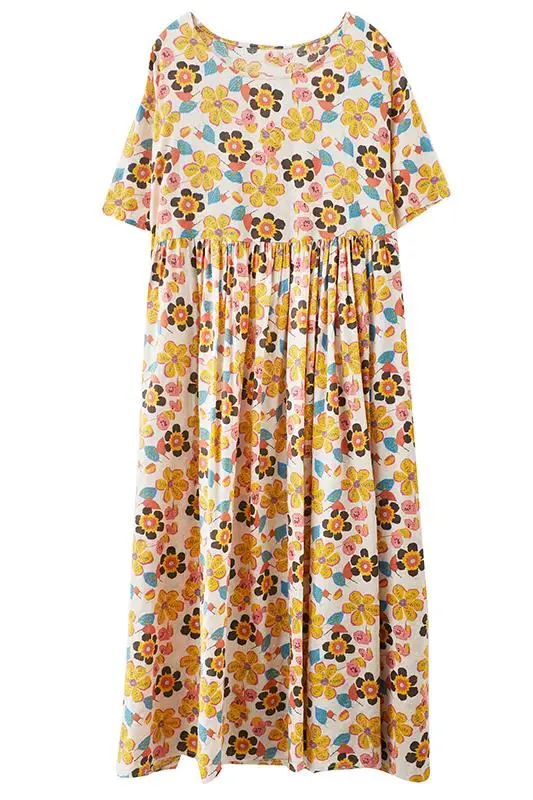 

2021 Cotton Linen Dress Summer Women Loose Casual Short Sleeve O-Neck Floral Fashion Elegant Long Beach Dresses Robe Large Size