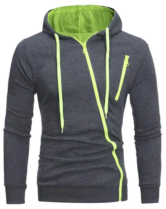 Dark Gray Hoodies Мужские толстовки Мода Косой молнии сплошной длинный рукав с капюшоном куртка повседневные тонкие толстовки хип хоп кардиган уличная - Color: Dark Gray Hoodies