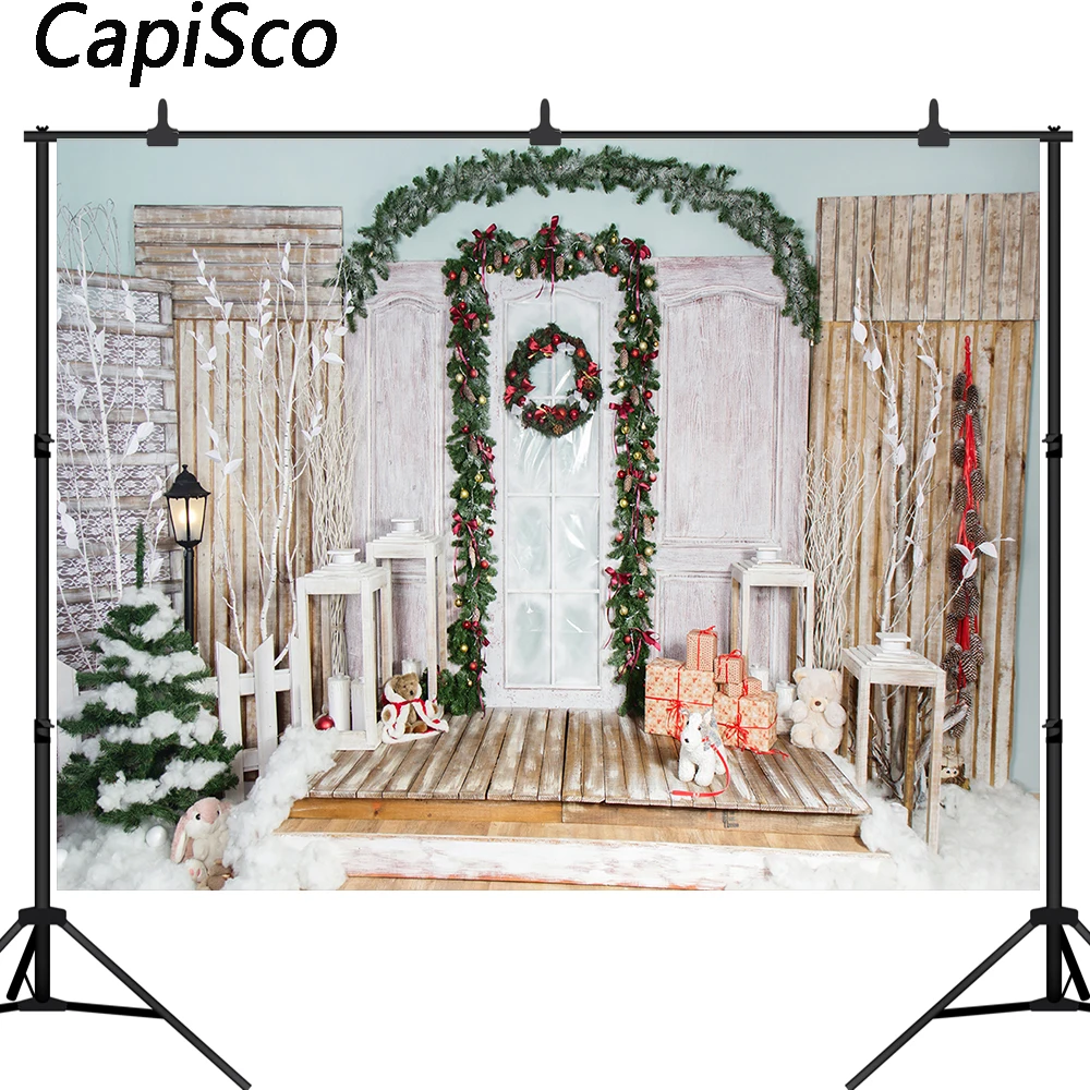 Каписко Рождественская дверь Винтаж Дерево подарки фотография Фон венок
