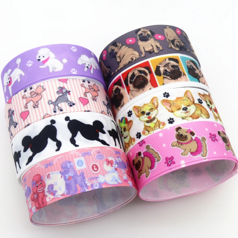 DHK 50 ярдов собака пудель бульдог корги принт Grosgrain Hairbow головные уборы украшения DIY