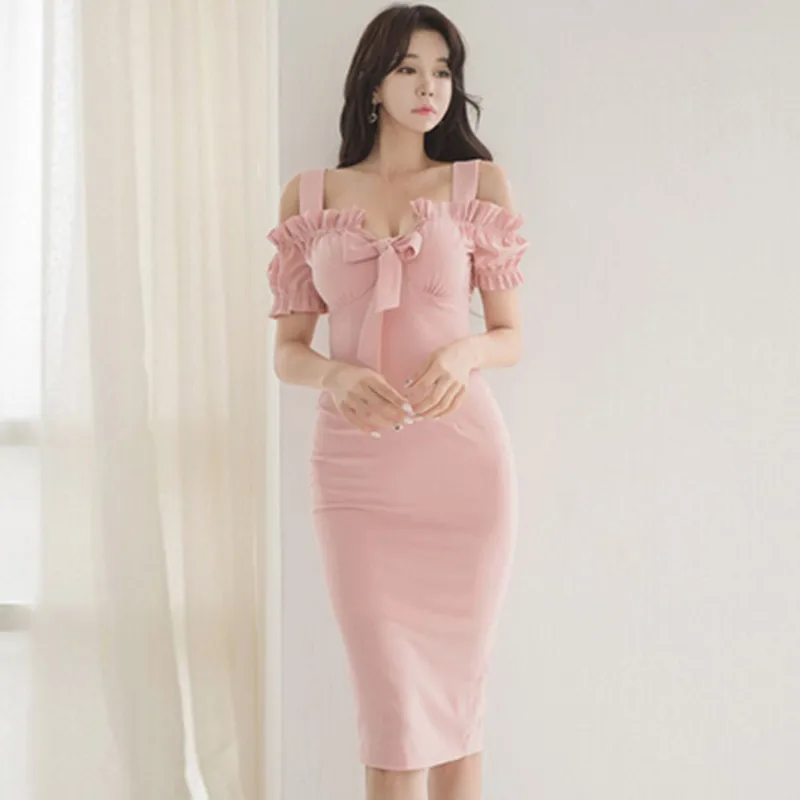 Женское платье-карандаш с рюшами однотонное облегающее платье-туника бантом в