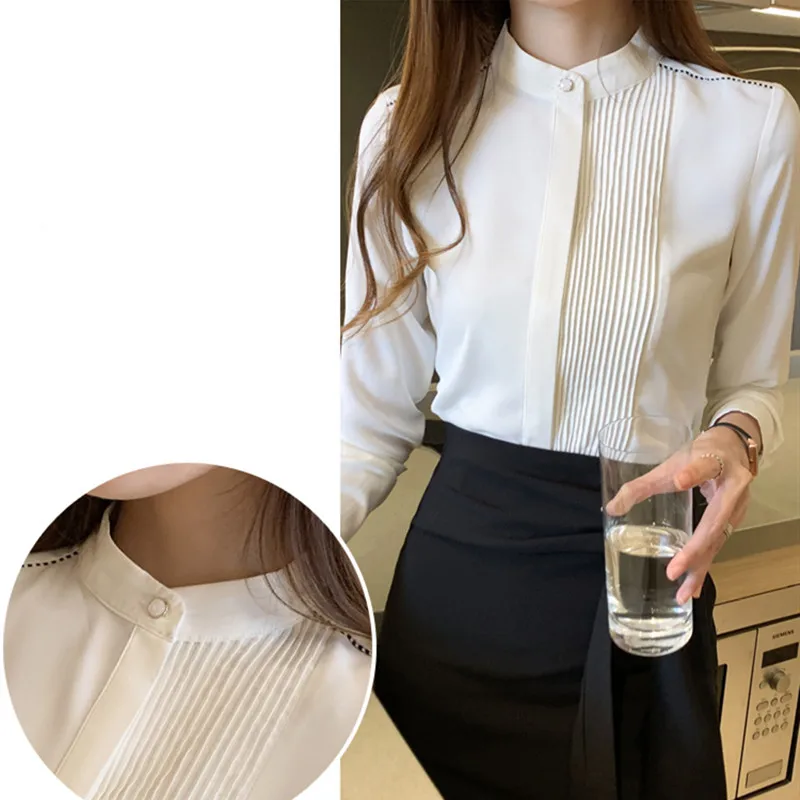 

Women's Shirts Chiffon Blouses Solid Long Sleeve Ladies Tops 2021 Fall Fashion Stand Neck Asymmetric Button Down Shirt for Women