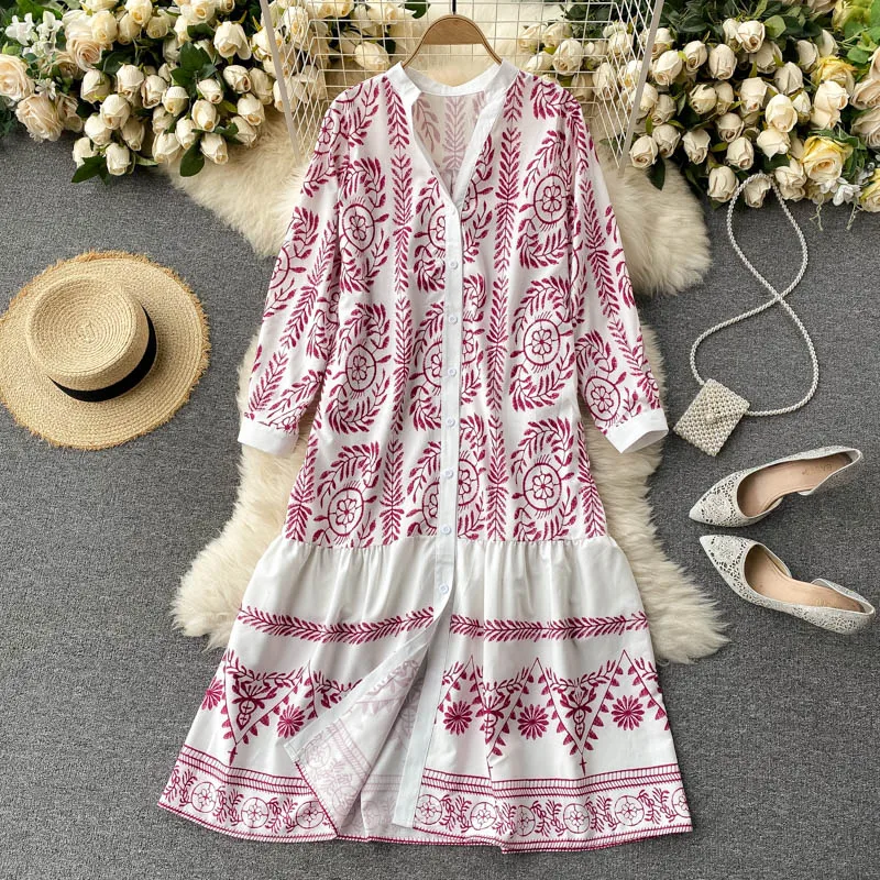 

2021 Women Printed Dress Ladies Bohemia V-neck Loose Half Sleeves Straight Single Breasted Mid-calf Oversize Long Dress Autumn