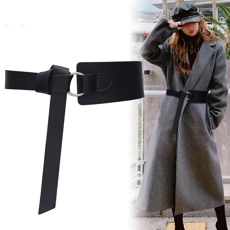 

NEW Real Leather Belts For Women Wide Soft Cowskin Waistbands Silver Circle Buckle Knotted Long Cummerbund Dress Coat Waist Seal
