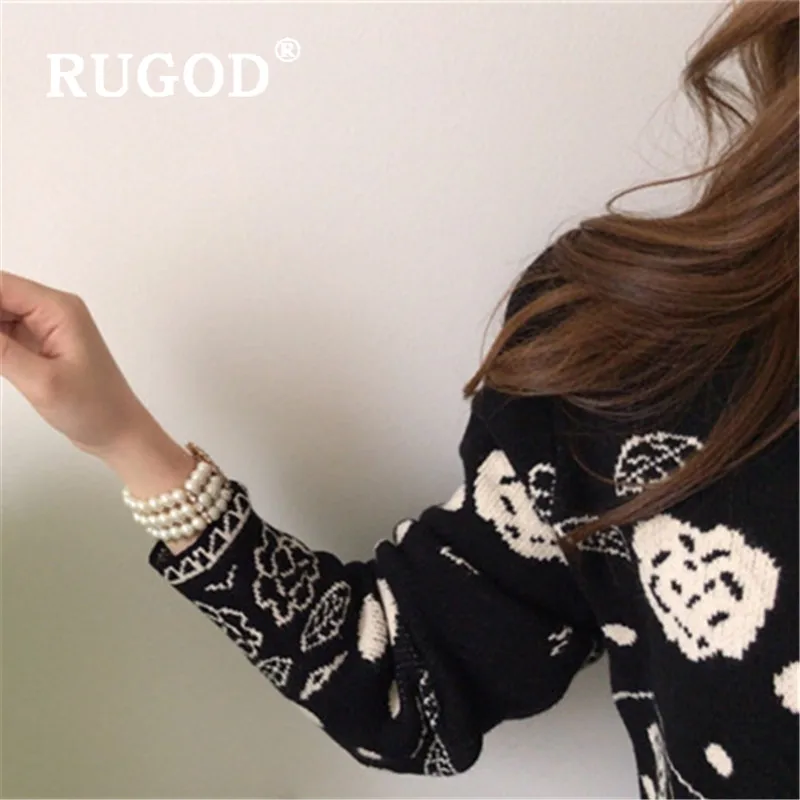 RUGOD 2019 Новая Осенняя черная свитер пуловер для женщин с v-образным вырезом узор в