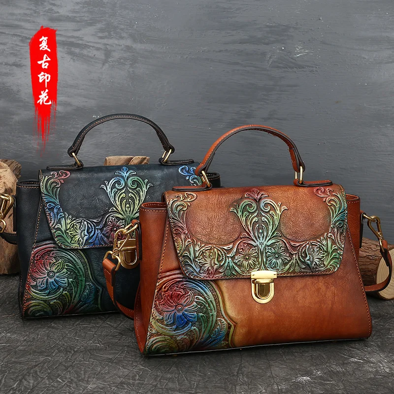 

2020 summer new bag women's head leather women's handbag flower embossed One Shoulder Messenger Bag women